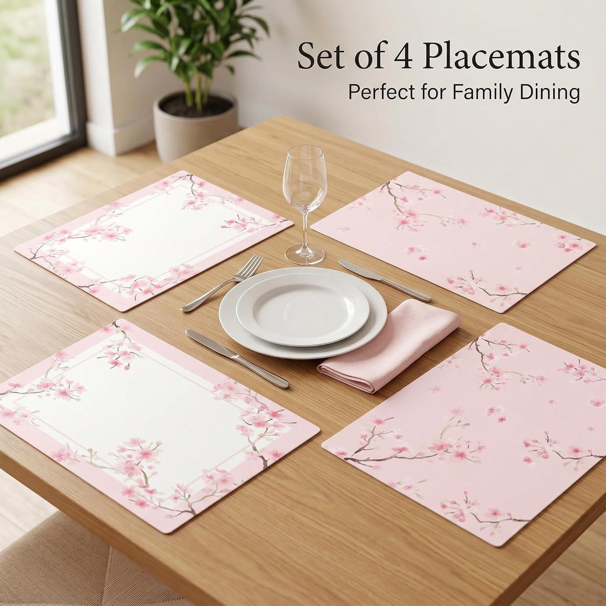 Woven Vinyl Placemats Set of 4, Cherry Blossom Floral Table Mats