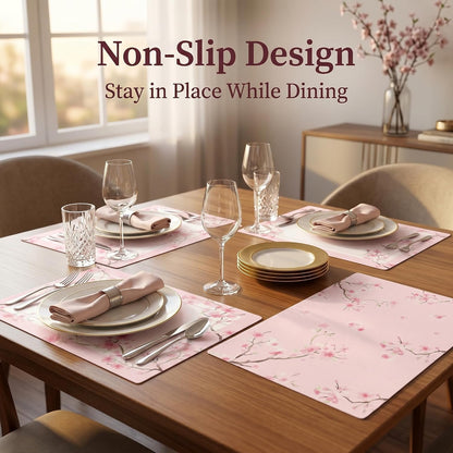 Woven Vinyl Placemats Set of 4, Cherry Blossom Floral Table Mats