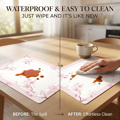 Woven Vinyl Placemats Set of 4, Cherry Blossom Floral Table Mats