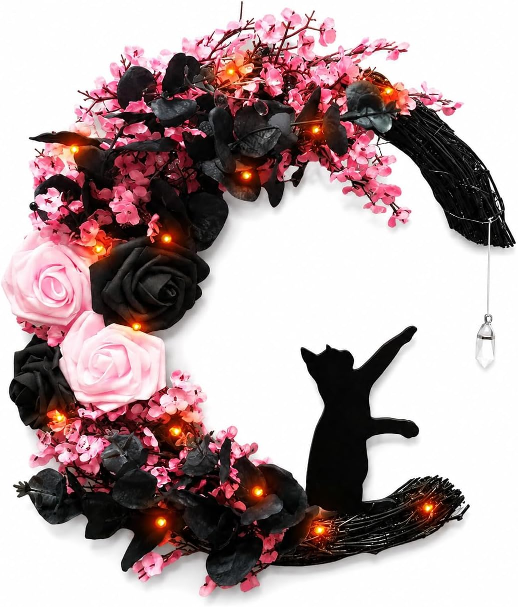 Pink Halloween Wreath with Lights, Moon Cat Wreath for Front Door