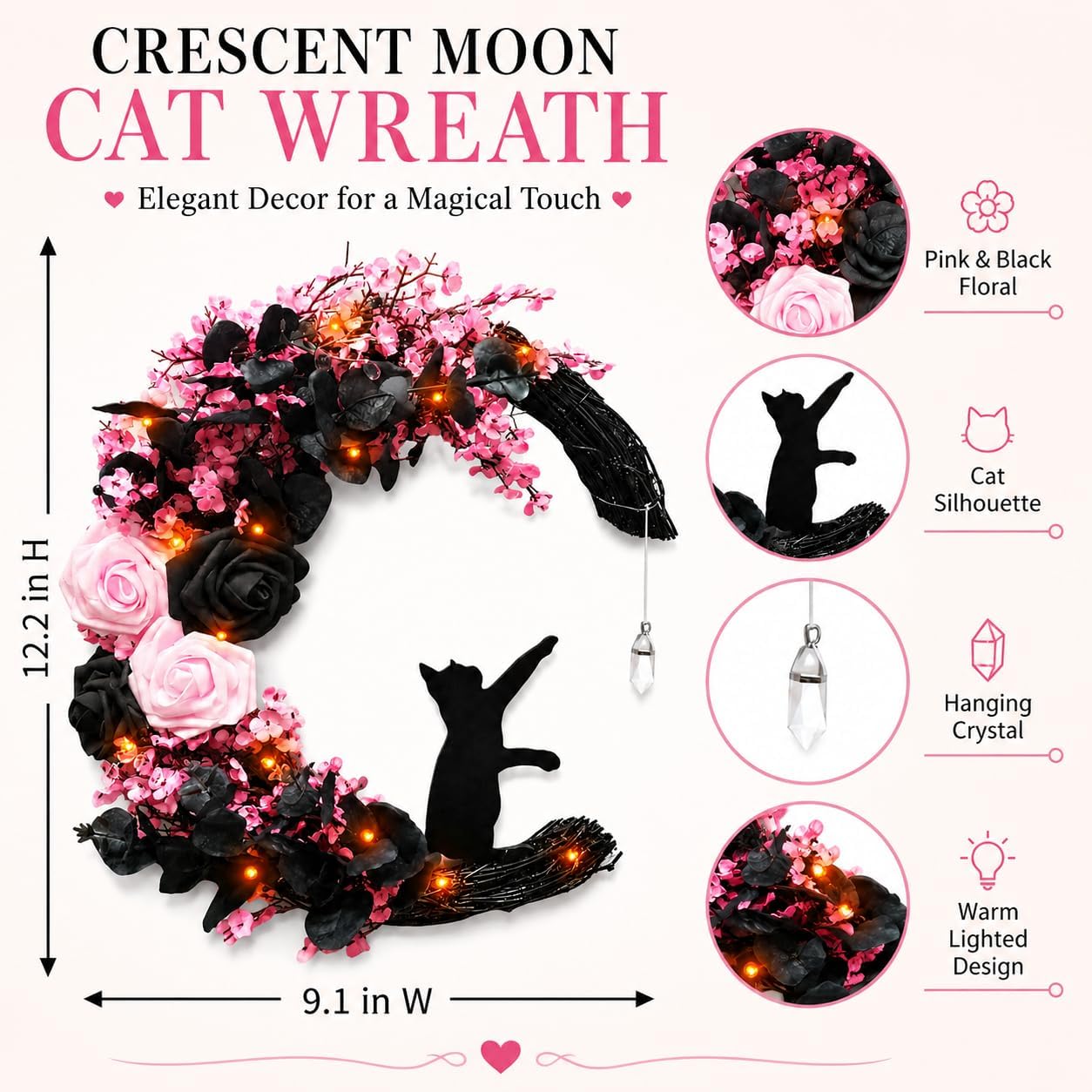 Pink Halloween Wreath with Lights, Moon Cat Wreath for Front Door