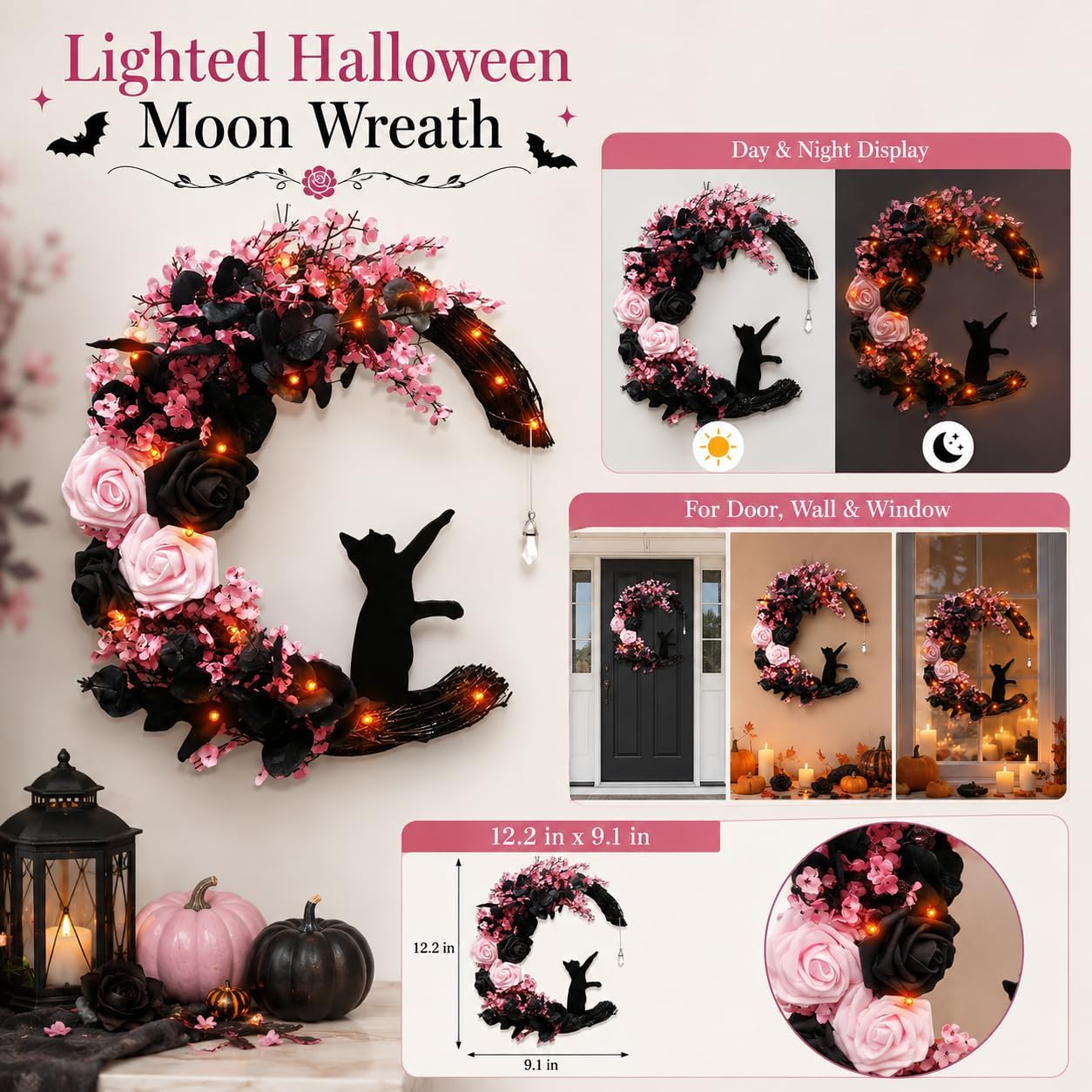 Pink Halloween Wreath with Lights, Moon Cat Wreath for Front Door
