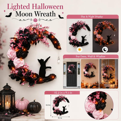 Pink Halloween Wreath with Lights, Moon Cat Wreath for Front Door