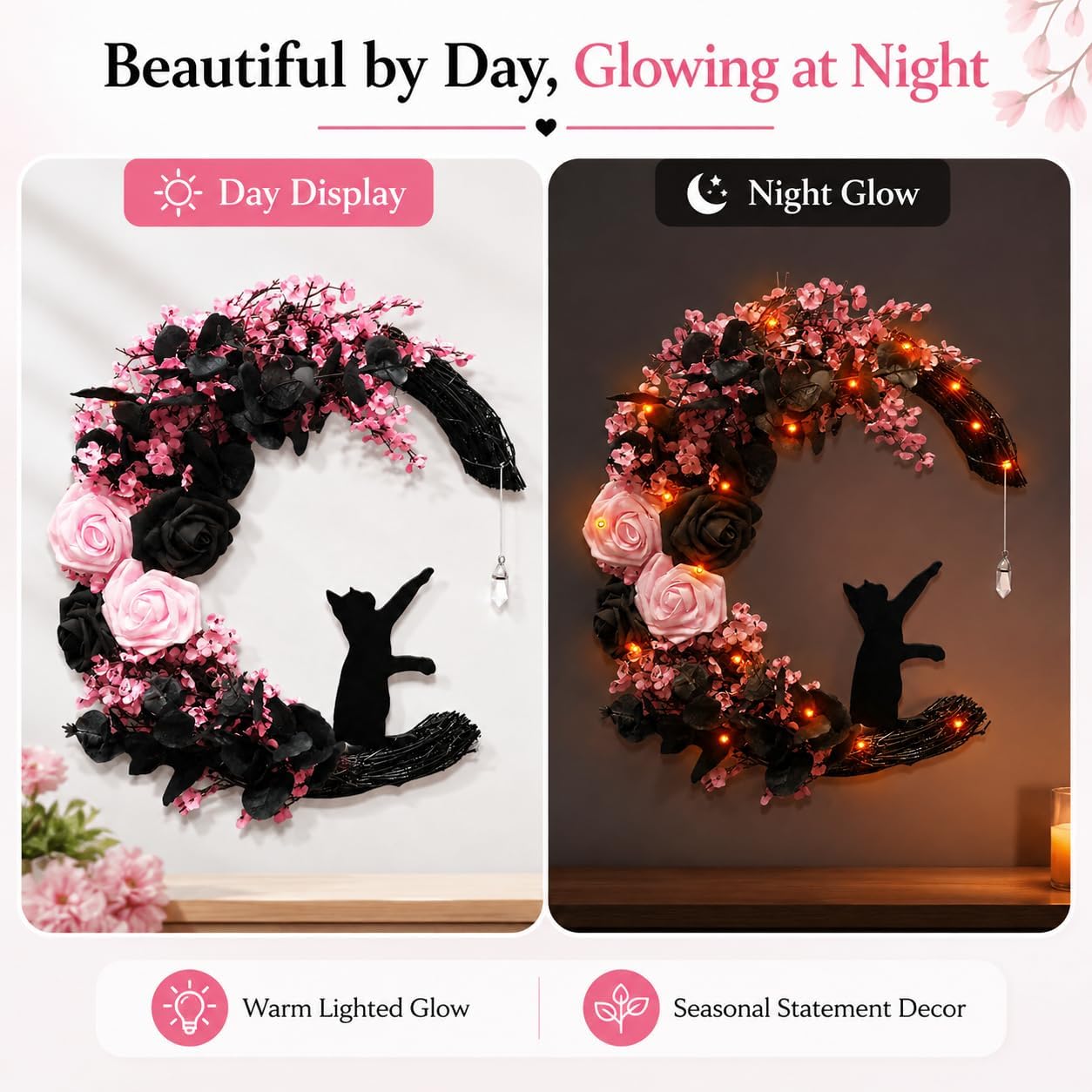 Pink Halloween Wreath with Lights, Moon Cat Wreath for Front Door