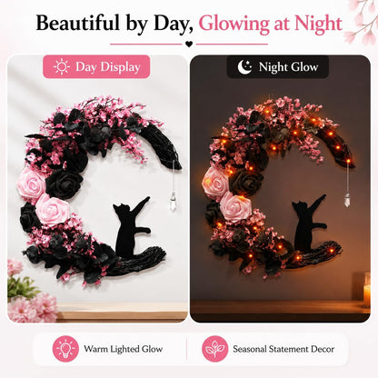 Pink Halloween Wreath with Lights, Moon Cat Wreath for Front Door