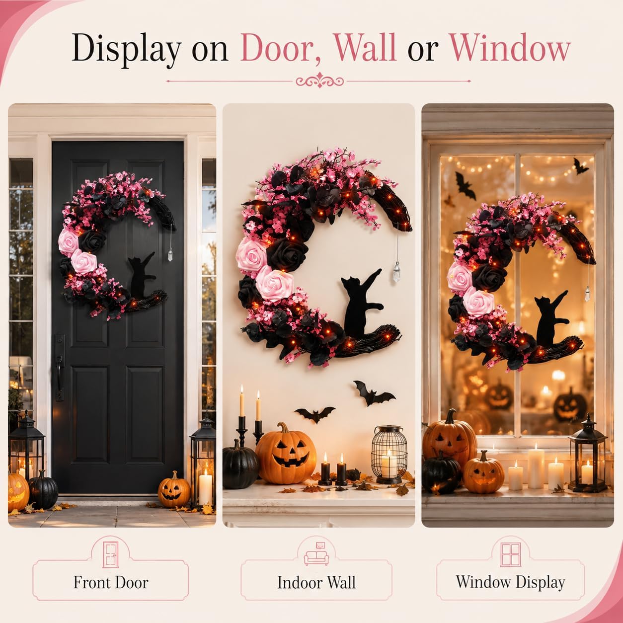 Pink Halloween Wreath with Lights, Moon Cat Wreath for Front Door