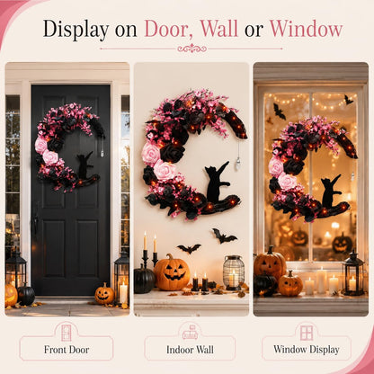 Pink Halloween Wreath with Lights, Moon Cat Wreath for Front Door