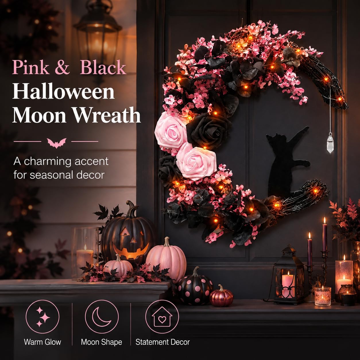 Pink Halloween Wreath with Lights, Moon Cat Wreath for Front Door