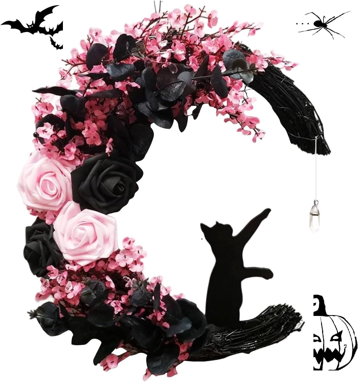 Pink Halloween Wreath with Lights, Moon Cat Wreath for Front Door