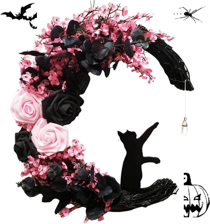 Pink Halloween Wreath with Lights, Moon Cat Wreath for Front Door