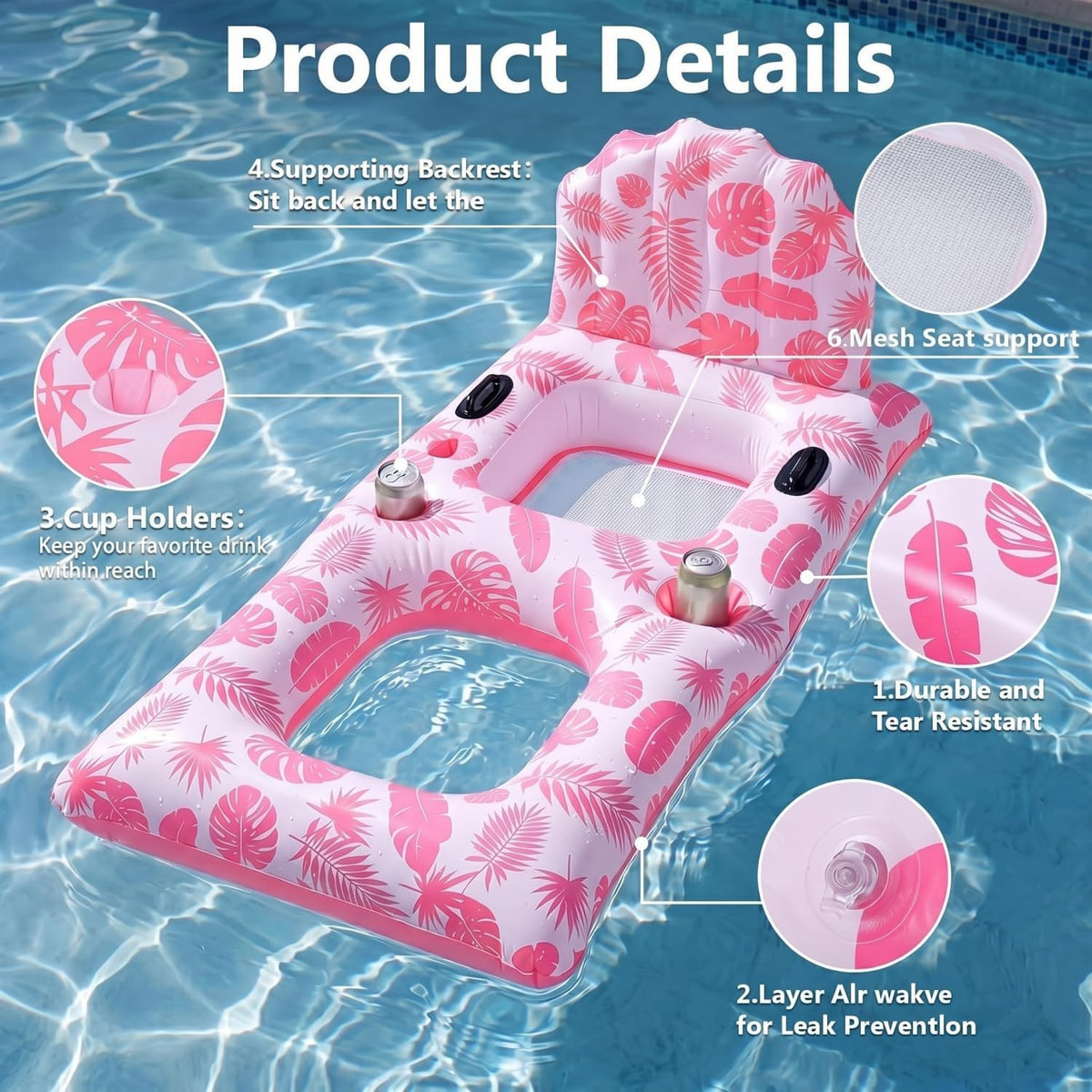 Inflatable Pool Float Lounger for Adults Chair Floaties with Drink Holder Mount Backrest Foot Rest Cooler Lake Swim Water Floating for Beach Party