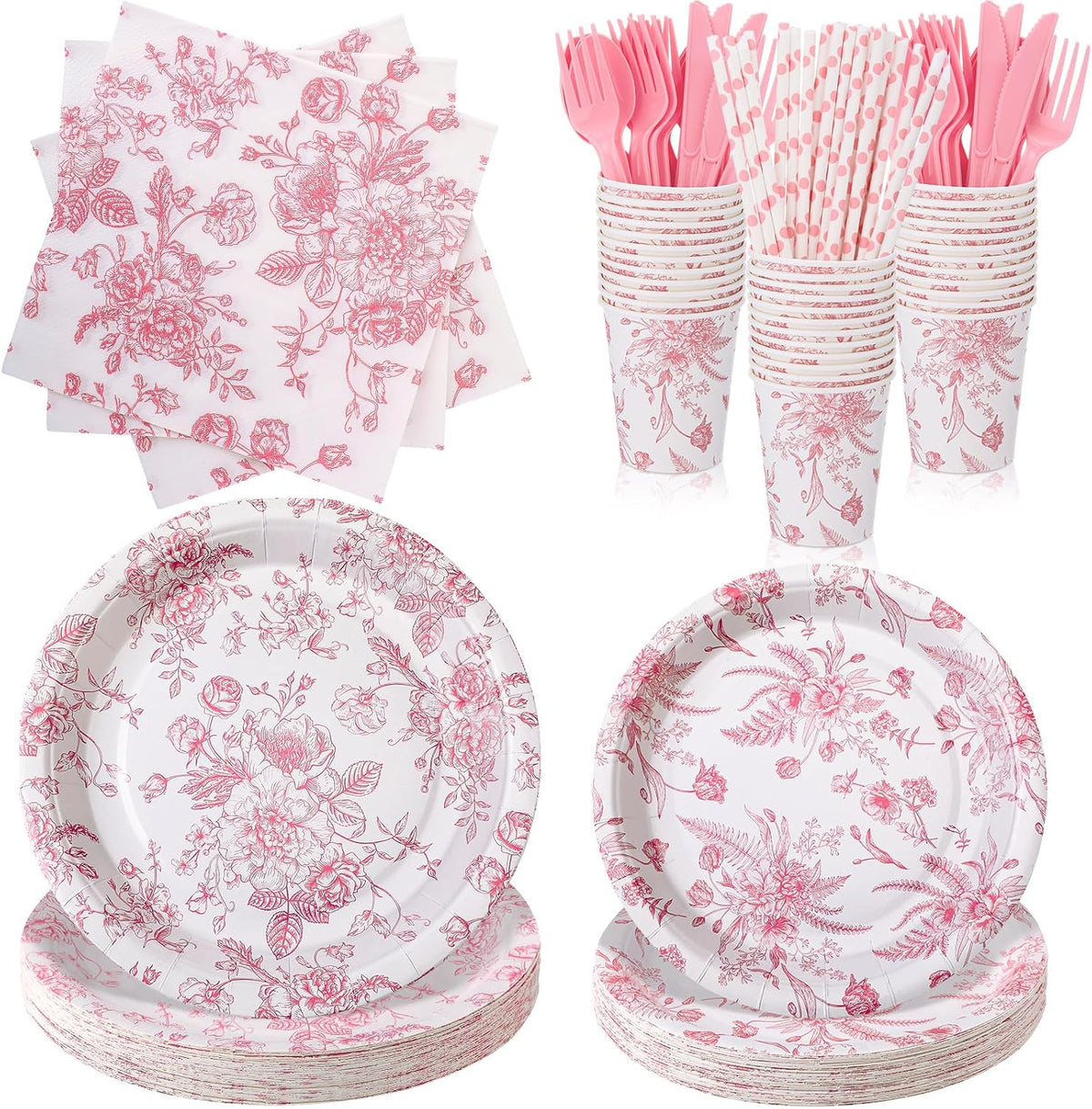 218 Pcs Pink Floral Plates and Napkins Pink and White Party Tableware Set Disposable Wildflower Paper Plates and Napkins Cups Tea Party Supplies for Wedding Bridal Shower Birthday Baby Shower