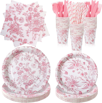 218 Pcs Pink Floral Plates and Napkins Pink and White Party Tableware Set Disposable Wildflower Paper Plates and Napkins Cups Tea Party Supplies for Wedding Bridal Shower Birthday Baby Shower