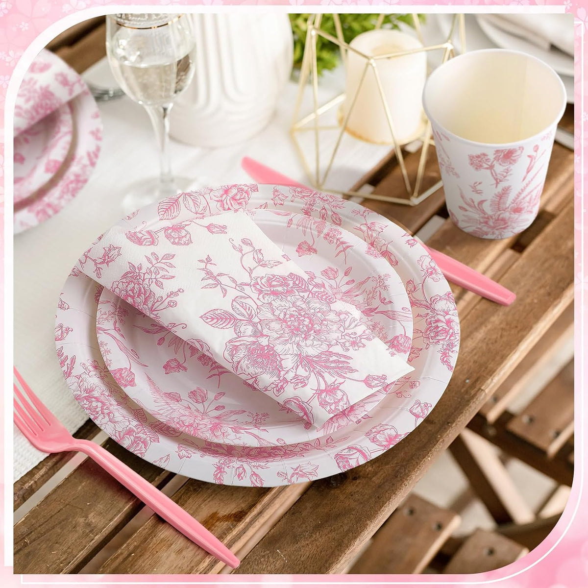 218 Pcs Pink Floral Plates and Napkins Pink and White Party Tableware Set Disposable Wildflower Paper Plates and Napkins Cups Tea Party Supplies for Wedding Bridal Shower Birthday Baby Shower