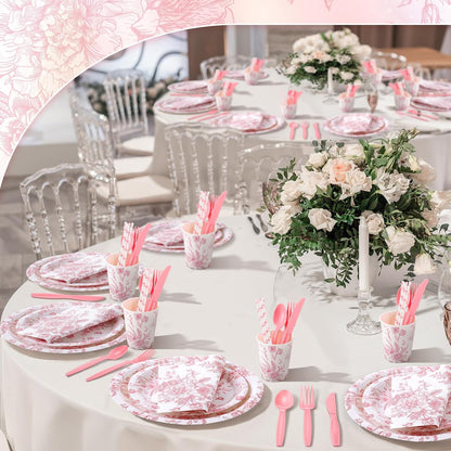 218 Pcs Pink Floral Plates and Napkins Pink and White Party Tableware Set Disposable Wildflower Paper Plates and Napkins Cups Tea Party Supplies for Wedding Bridal Shower Birthday Baby Shower