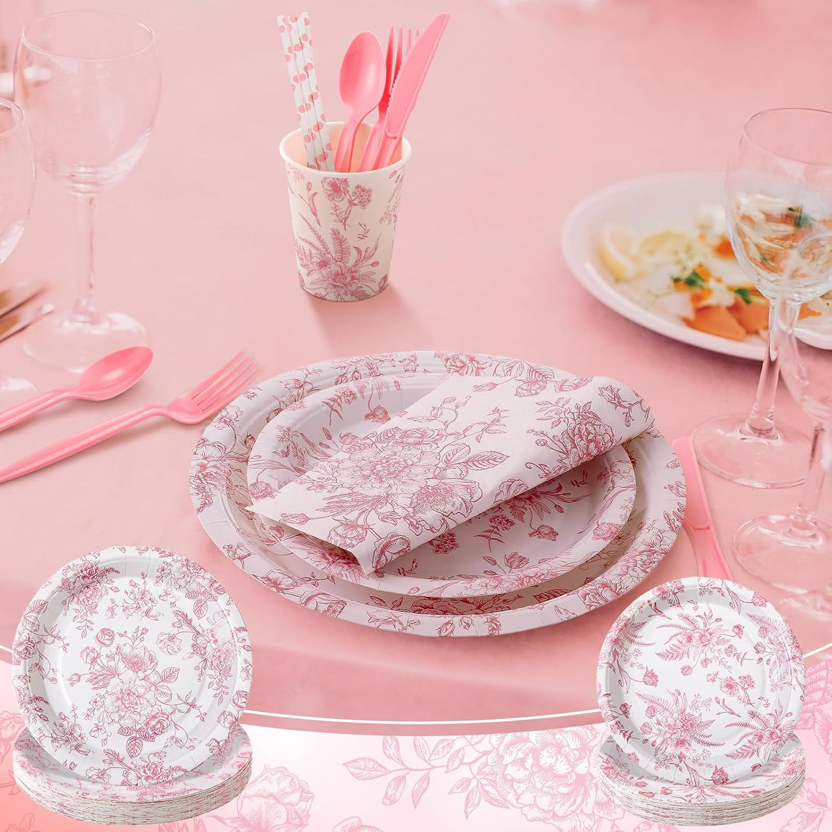 218 Pcs Pink Floral Plates and Napkins Pink and White Party Tableware Set Disposable Wildflower Paper Plates and Napkins Cups Tea Party Supplies for Wedding Bridal Shower Birthday Baby Shower