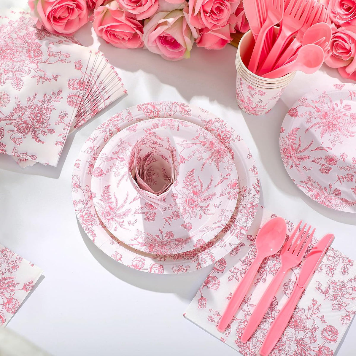 218 Pcs Pink Floral Plates and Napkins Pink and White Party Tableware Set Disposable Wildflower Paper Plates and Napkins Cups Tea Party Supplies for Wedding Bridal Shower Birthday Baby Shower