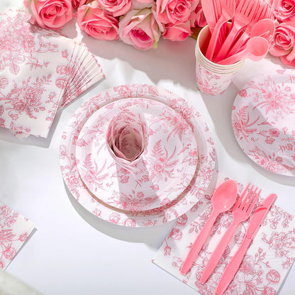 218 Pcs Pink Floral Plates and Napkins Pink and White Party Tableware Set Disposable Wildflower Paper Plates and Napkins Cups Tea Party Supplies for Wedding Bridal Shower Birthday Baby Shower