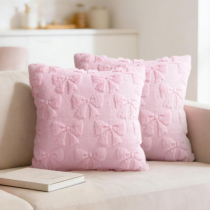 18x18 Set of 2 Pink Bow Plush Throw Pillow Cushion Covers