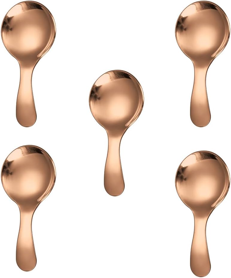 5PCS Short Handle Spoon, Stainless Steel Mini Spoons Thickened Small Round Spoon For Salt Condiments Dessert Tea Coffee (Rose Gold)