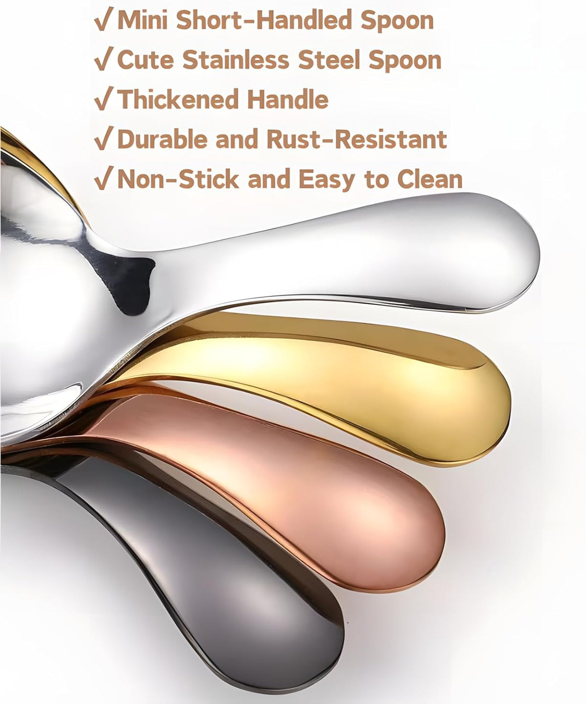 5PCS Short Handle Spoon, Stainless Steel Mini Spoons Thickened Small Round Spoon For Salt Condiments Dessert Tea Coffee (Rose Gold)