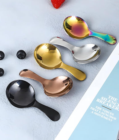 5PCS Short Handle Spoon, Stainless Steel Mini Spoons Thickened Small Round Spoon For Salt Condiments Dessert Tea Coffee (Rose Gold)