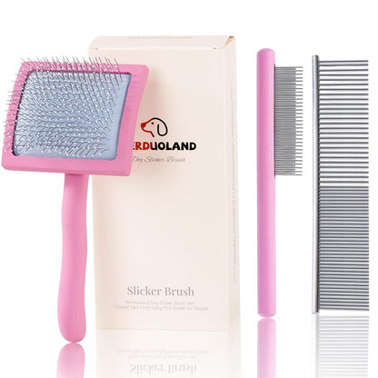 Pink Slicker Brush for Long Haired Dog Wooden Handle Coated Pins