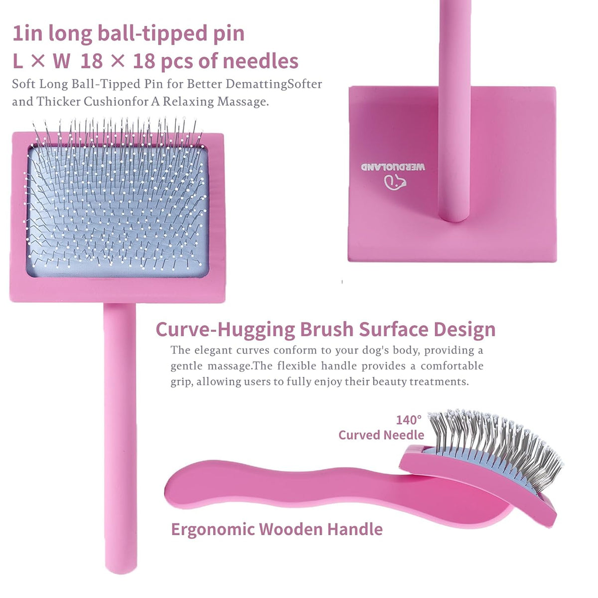 Pink Slicker Brush for Long Haired Dog Wooden Handle Coated Pins