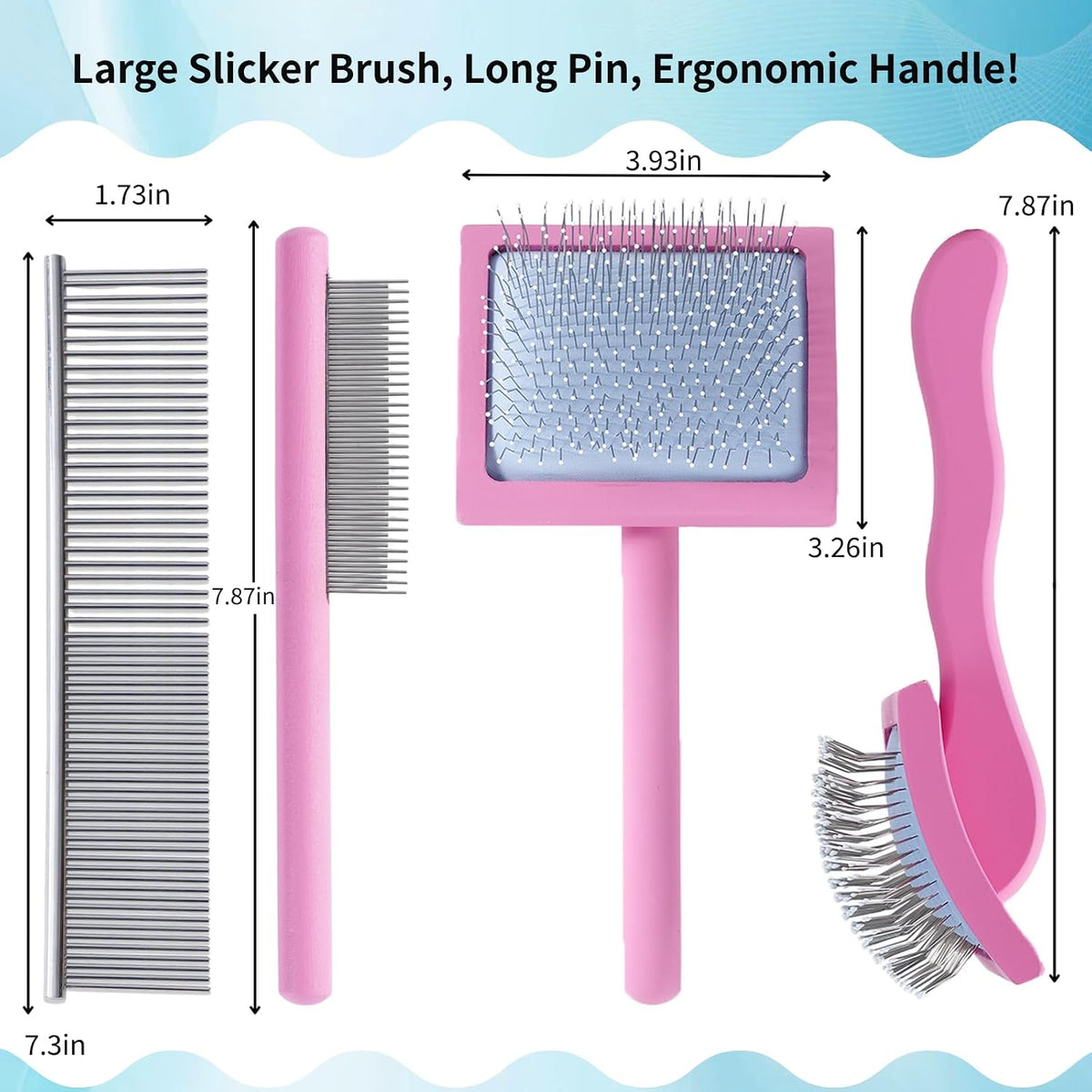 Pink Slicker Brush for Long Haired Dog Wooden Handle Coated Pins