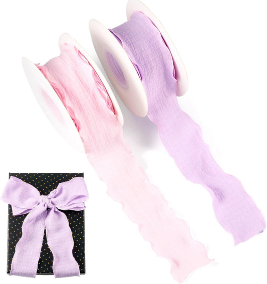 Beadthoven 20 Yards 1.57 Inch Wide Ruffled Ribbons Pastel Pink Purple Polyester Fabric Ribbon Decorative Ribbons for Gift Wrapping DIY Dress Hair Bows Flower Bouquets Wedding Birthday Decorations