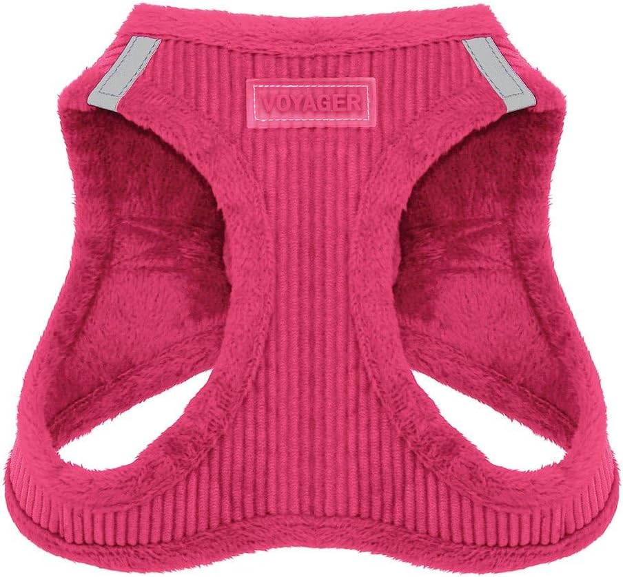 Best Pet Supplies - All Weather Plush, Reflective, No Pull Harness for Small, Medium Dogs, Cats - Secure with Hook & Loop Fastener, Buckle, Double D-Rings - Fuchsia Corduroy, S
