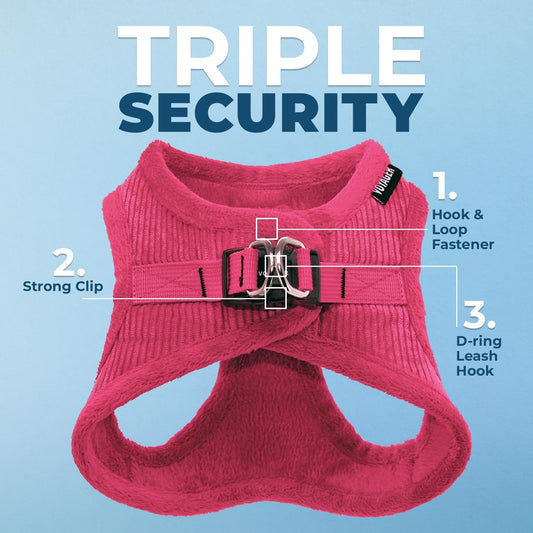Best Pet Supplies - All Weather Plush, Reflective, No Pull Harness for Small, Medium Dogs, Cats - Secure with Hook & Loop Fastener, Buckle, Double D-Rings - Fuchsia Corduroy, S