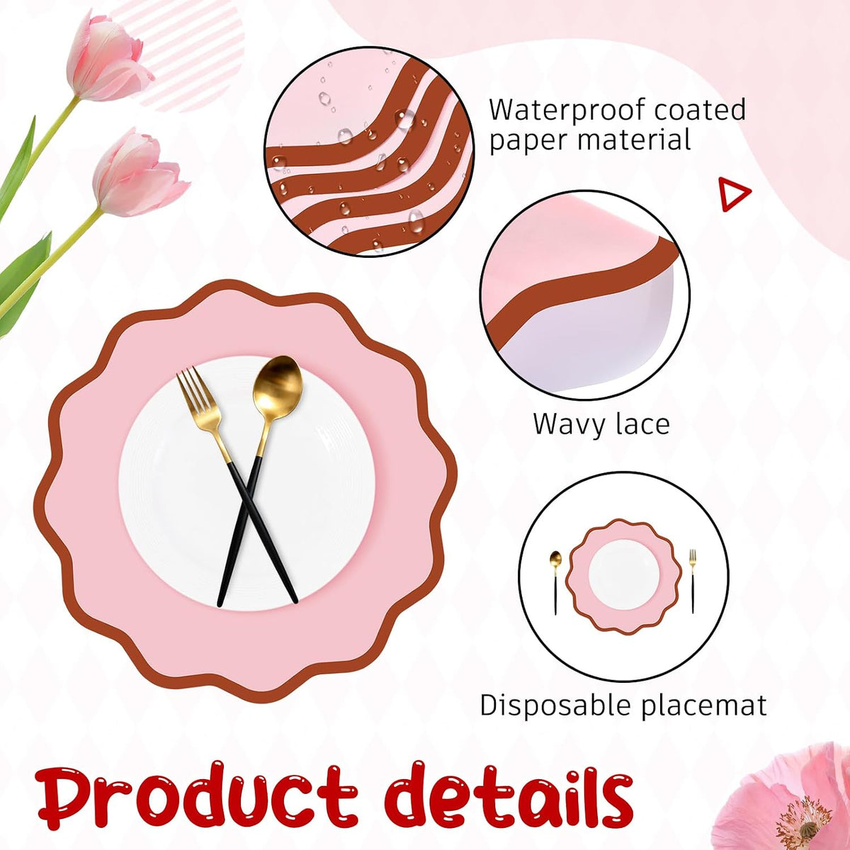 Scalloped Disposable Paper Placemats, 60 Pcs,13.5 Inch Round,Pink