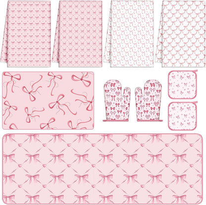10 Pcs Pink Bow Kitchen Dish Towels Rugs Oven Mitts and Pot Holders Set Pink Bow Coquette Farmhouse Kitchen Decor Set for Women Mom Daughter Gift Cooking Baking