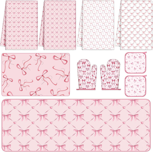 10 Pcs Pink Bow Kitchen Dish Towels Rugs Oven Mitts and Pot Holders Set Pink Bow Coquette Farmhouse Kitchen Decor Set for Women Mom Daughter Gift Cooking Baking