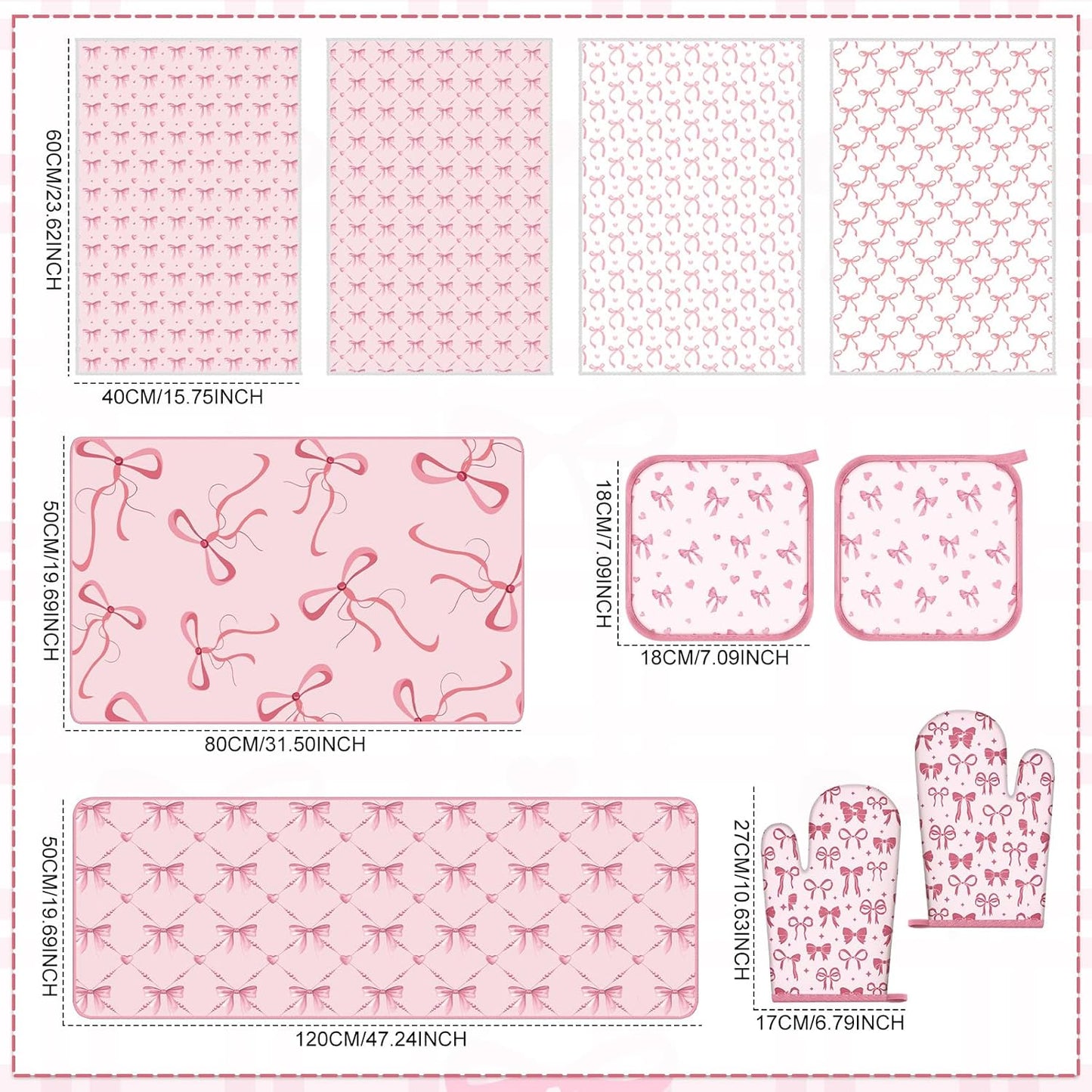 10 Pcs Pink Bow Kitchen Dish Towels Rugs Oven Mitts and Pot Holders Set Pink Bow Coquette Farmhouse Kitchen Decor Set for Women Mom Daughter Gift Cooking Baking