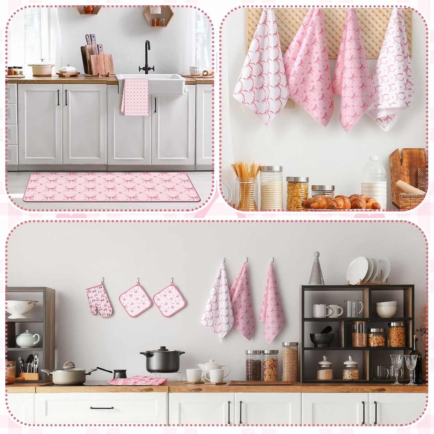 10 Pcs Pink Bow Kitchen Dish Towels Rugs Oven Mitts and Pot Holders Set Pink Bow Coquette Farmhouse Kitchen Decor Set for Women Mom Daughter Gift Cooking Baking