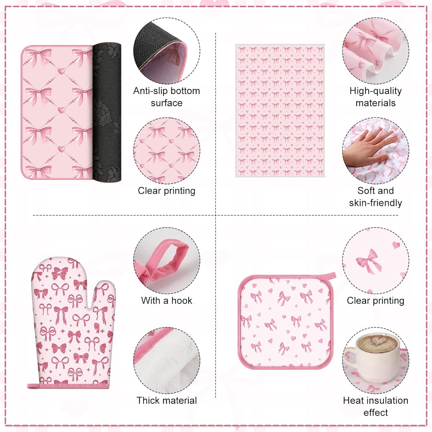 10 Pcs Pink Bow Kitchen Dish Towels Rugs Oven Mitts and Pot Holders Set Pink Bow Coquette Farmhouse Kitchen Decor Set for Women Mom Daughter Gift Cooking Baking