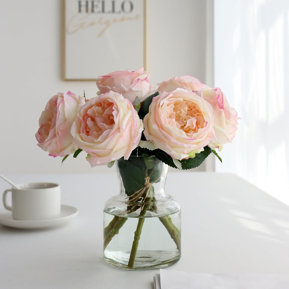 Fake Peonies with Vase, Pink Real Touch Peony Floral Arrangement