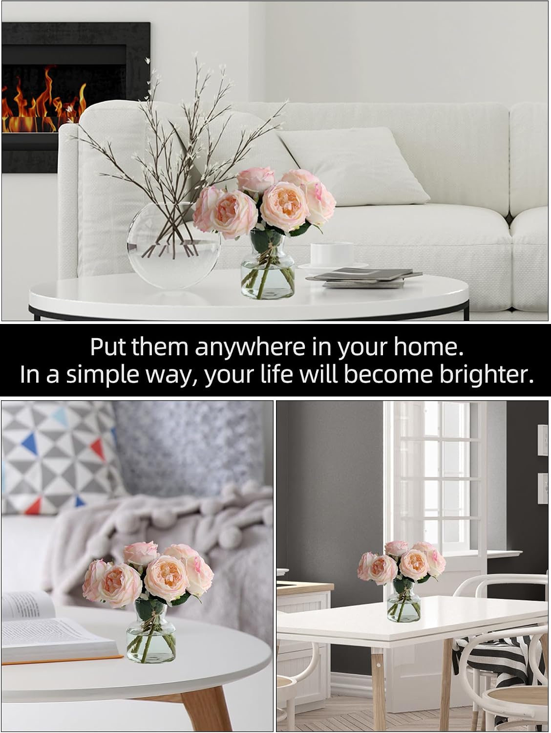 Fake Peonies with Vase, Pink Real Touch Peony Floral Arrangement