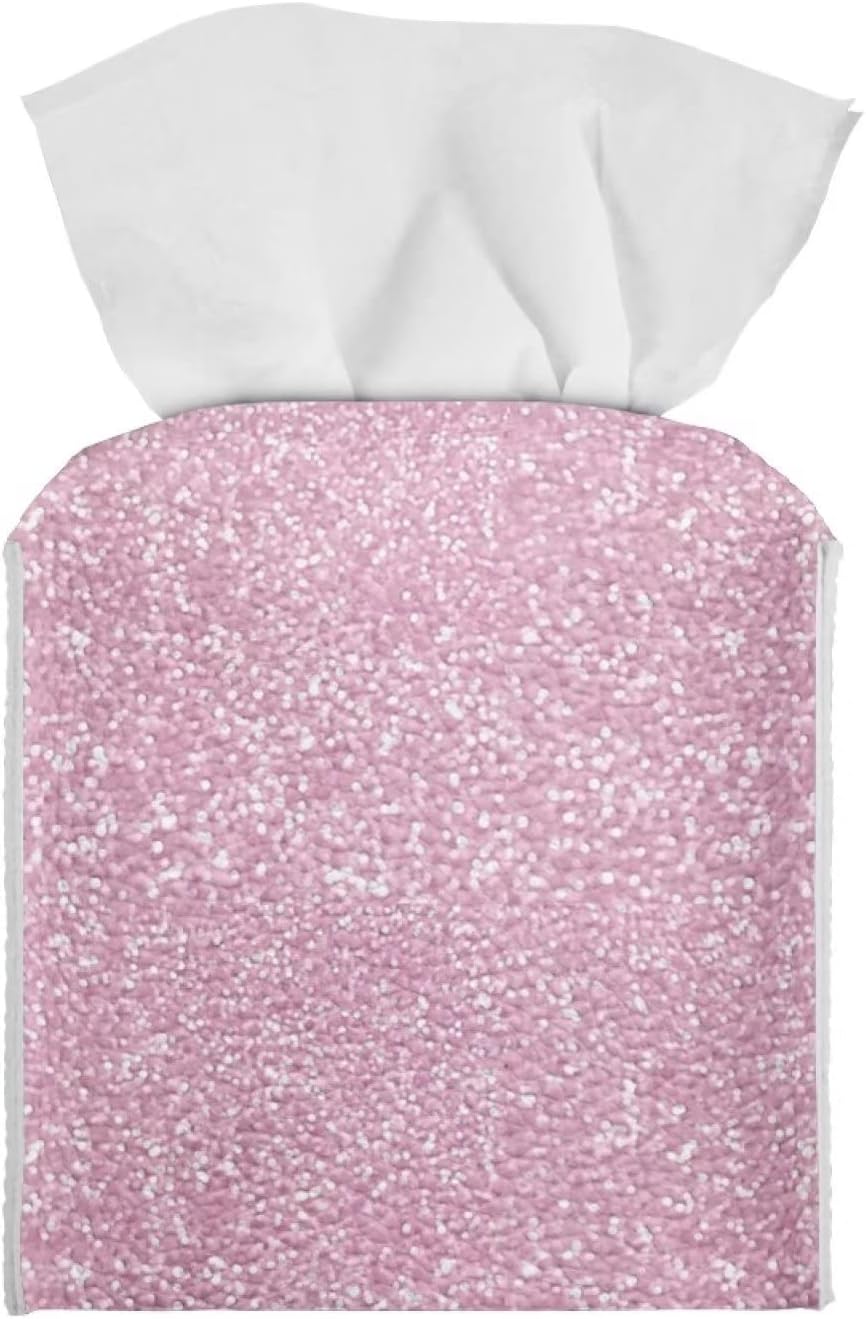 Rose Gold Print Tissue Box Cover Pink, Leather Square Tissue Box Holder for Decoration Facial Tissue Boxes with Bottom Belt