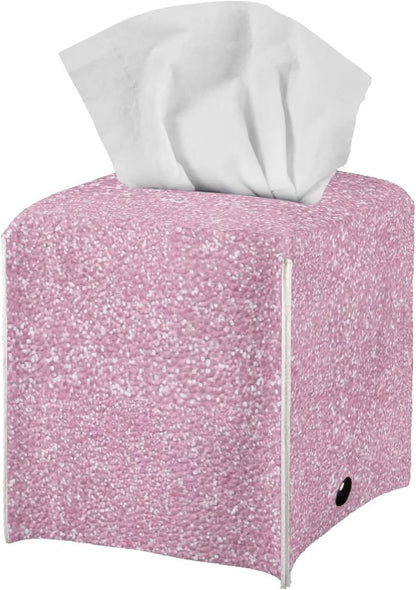 Rose Gold Print Tissue Box Cover Pink, Leather Square Tissue Box Holder for Decoration Facial Tissue Boxes with Bottom Belt