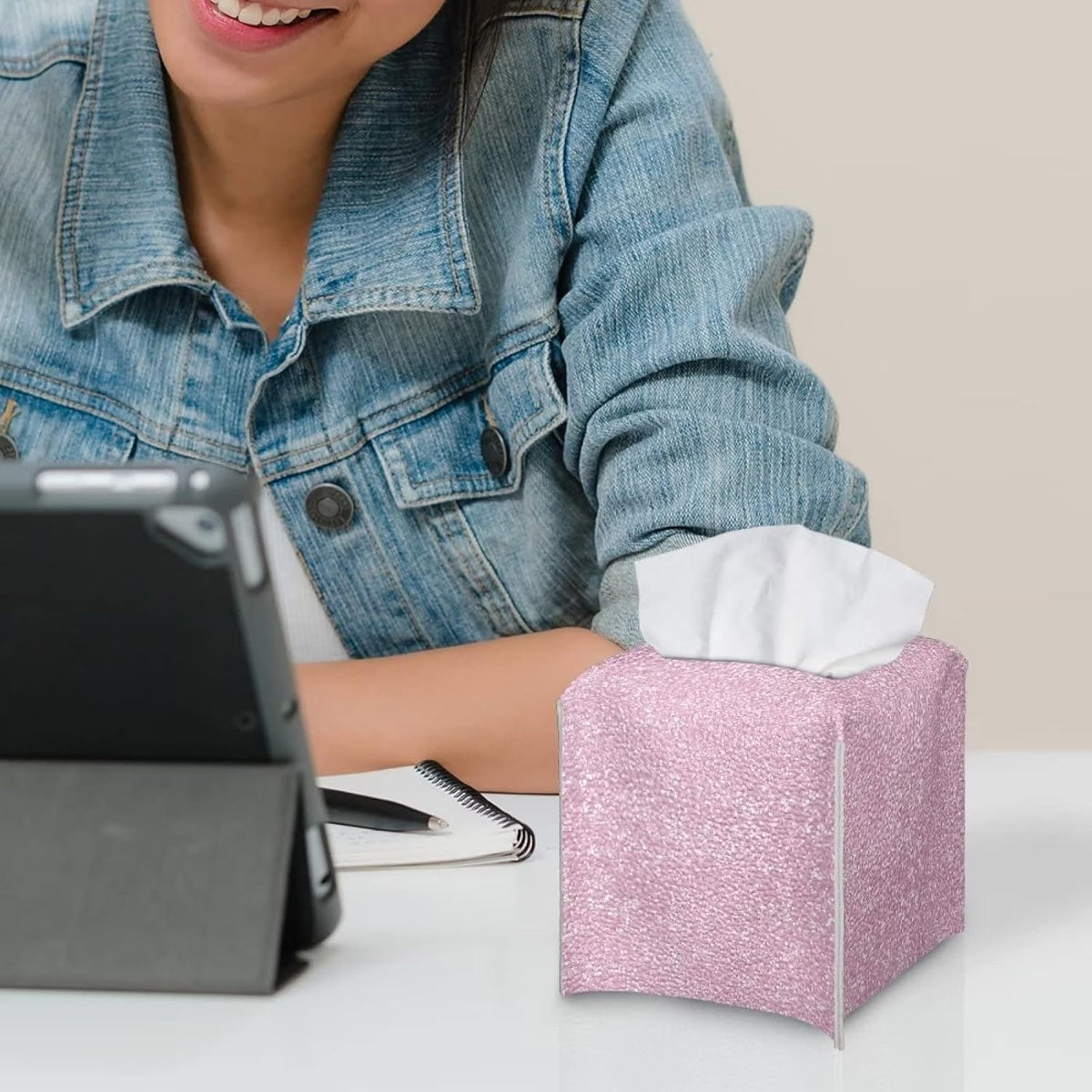 Rose Gold Print Tissue Box Cover Pink, Leather Square Tissue Box Holder for Decoration Facial Tissue Boxes with Bottom Belt