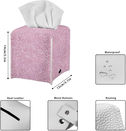 Rose Gold Print Tissue Box Cover Pink, Leather Square Tissue Box Holder for Decoration Facial Tissue Boxes with Bottom Belt