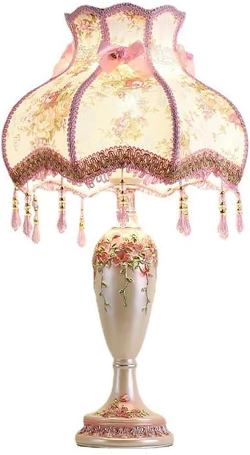 Victorian Floral Lamp Farbic Table Lamp,Traditional Fringe Desk Lamp,European Pastoral Table Light for Bedroom Bedside Living Room(11.8" D x 11.8" W x 20.5" H, Pink)
