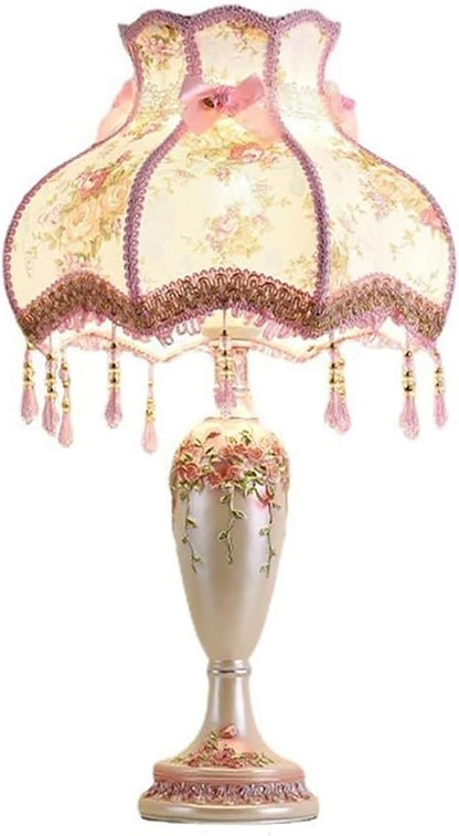 Victorian Floral Lamp Farbic Table Lamp,Traditional Fringe Desk Lamp,European Pastoral Table Light for Bedroom Bedside Living Room(11.8" D x 11.8" W x 20.5" H, Pink)