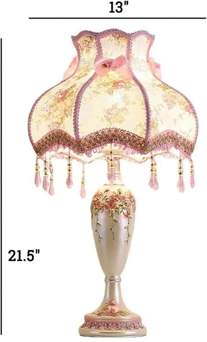 Victorian Floral Lamp Farbic Table Lamp,Traditional Fringe Desk Lamp,European Pastoral Table Light for Bedroom Bedside Living Room(11.8" D x 11.8" W x 20.5" H, Pink)