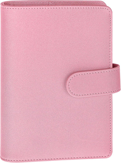 A6 Notebook Binder Refillable 6 Ring Budget Binder Cover for A6 Refill Paper, PU Leather Budget Planner Organizer with Magnetic Buckle, Loose Leaf Personal Planner, Glitter Pink