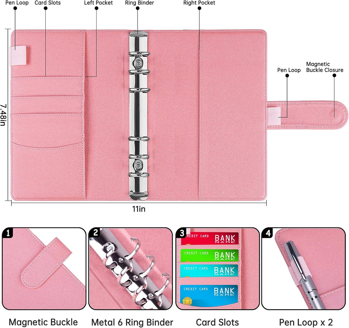 A6 Notebook Binder Refillable 6 Ring Budget Binder Cover for A6 Refill Paper, PU Leather Budget Planner Organizer with Magnetic Buckle, Loose Leaf Personal Planner, Glitter Pink