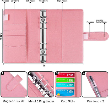 A6 Notebook Binder Refillable 6 Ring Budget Binder Cover for A6 Refill Paper, PU Leather Budget Planner Organizer with Magnetic Buckle, Loose Leaf Personal Planner, Glitter Pink